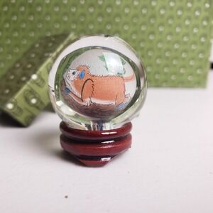 Vintage Chinese Inside Painted Glass Art Marble Monkey Zodiac Sphere With Stand